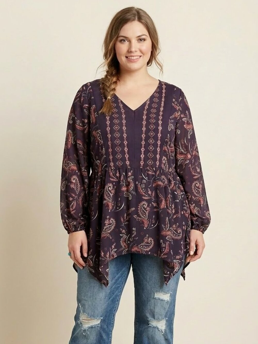 Style & Co. Women's Size 2X Purple Paisley Embroidered Sharkbite Blouse